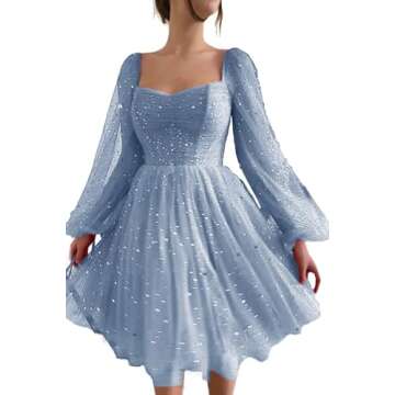 Women's Sweetheart Homecoming Dress Petite Short Puffy Sleeve Prom Dress with Pockets Sparkle Starry...