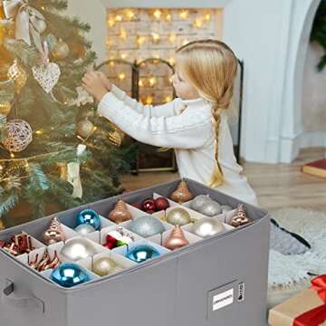 Christmas Ornament Storage Container with Dividers -Box Stores Up to 54-4" Ornaments, Zippered, Convenient, Adjustable, Heavy Duty 600D, Large Organizer Bin to Protect and Store Holiday Décor (Grey)