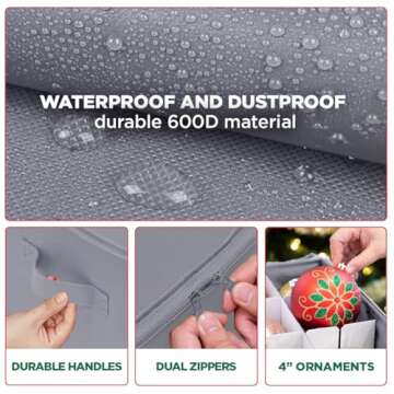 Christmas Ornament Storage Container with Dividers -Box Stores Up to 54-4" Ornaments, Zippered, Convenient, Adjustable, Heavy Duty 600D, Large Organizer Bin to Protect and Store Holiday Décor (Grey)