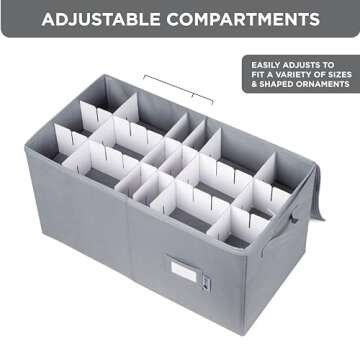 Christmas Ornament Storage Container with Dividers -Box Stores Up to 54-4" Ornaments, Zippered, Convenient, Adjustable, Heavy Duty 600D, Large Organizer Bin to Protect and Store Holiday Décor (Grey)