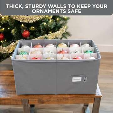 Christmas Ornament Storage Container with Dividers -Box Stores Up to 54-4" Ornaments, Zippered, Convenient, Adjustable, Heavy Duty 600D, Large Organizer Bin to Protect and Store Holiday Décor (Grey)