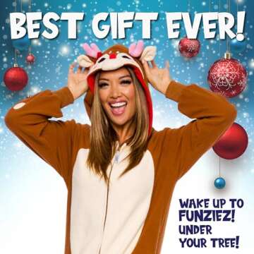 Funziez! Womens Reindeer Costume - Plush Holiday Onesie - One Piece Pajama (Large)