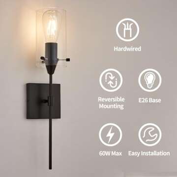 Noele Black Wall Sconces Set of 2, Modern Wall Lights Hardwired Wall Sconce, Industrial Vanity Lighting Fixtures for Bathroom Farmhouse Living Room Wall Lamp with Glass Shades (Bulb not Included)