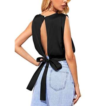 LYANER Women's Satin Sleeveless Self Tie Boat Neck Fashion Crop Top Blouse Black Small