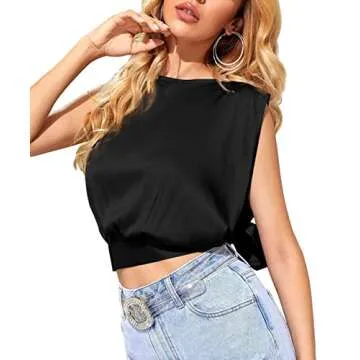 LYANER Women's Satin Sleeveless Self Tie Boat Neck Fashion Crop Top Blouse Black Small