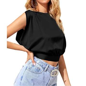 LYANER Women's Satin Sleeveless Self Tie Boat Neck Fashion Crop Top Blouse Black Small