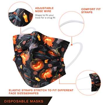 Disposable Face Mask Halloween - 50Pcs Printed Disposable Face Mask, 3 Ply Multicolored, Adult Face Masks for Women and Men