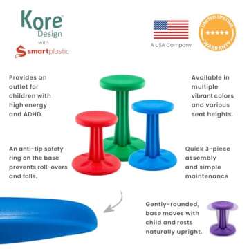 KORE Design Wobble Stool Chair, Girls + Boys Kid Desk Stools, Ergonomic Small Office Chairs, Flexible Seating for Active Kids, ADD/ADHD, Classroom, School, Home, Junior (16in), Age 8-9 yrs, Grey