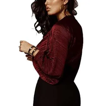 Weigou Women Jumpsuits Long Sleeve V Neck Pleated Loose Bodysuits Tops For Women Leotard Shirts (Wine Red, L)