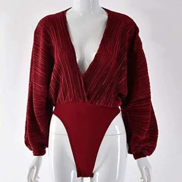 Weigou Women Jumpsuits Long Sleeve V Neck Pleated Loose Bodysuits Tops For Women Leotard Shirts (Wine Red, L)