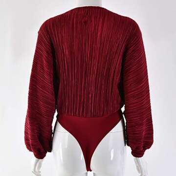 Weigou Women Jumpsuits Long Sleeve V Neck Pleated Loose Bodysuits Tops For Women Leotard Shirts (Wine Red, L)