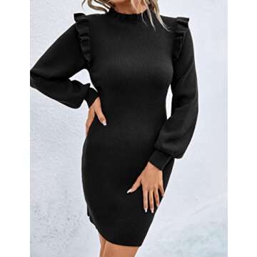 Blooming Jelly Women's Mini Sweater Dress Mock Neck and Puff Sleeve