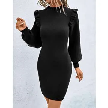 Blooming Jelly Women's Mini Sweater Dress Mock Neck and Puff Sleeve