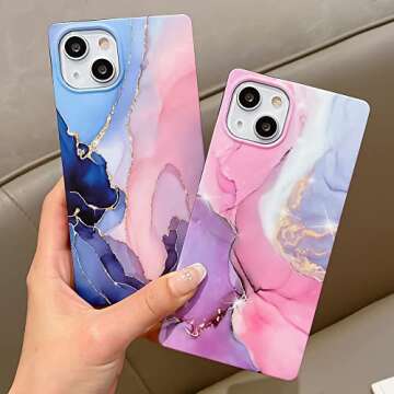 KERZZIL Cute Square Compatible with iPhone 13 Marble Case (2021) 6.1-inch,Slim Elegant Matte Soft TPU Silicone Gel Protective Cases Cover Design for iPhone 13(Pink)