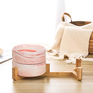 Stylish Marble Pink Pet Bowls with Wood Stand Set