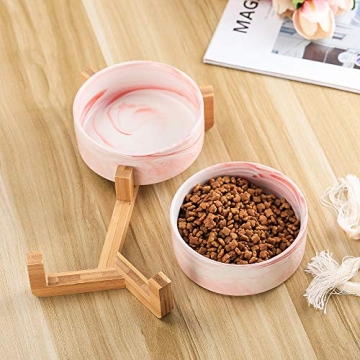Stylish Marble Pink Pet Bowls with Wood Stand Set