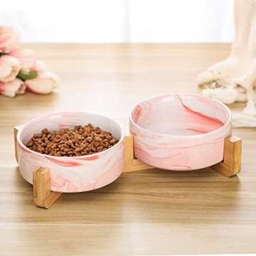 Stylish Marble Pink Pet Bowls with Wood Stand Set