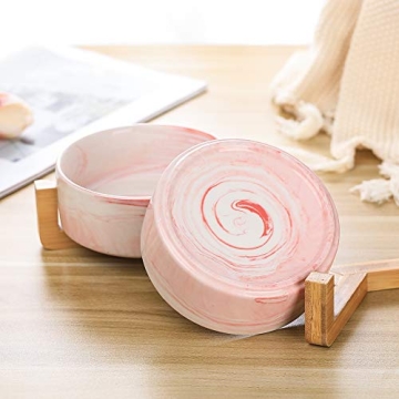 Stylish Marble Pink Pet Bowls with Wood Stand Set