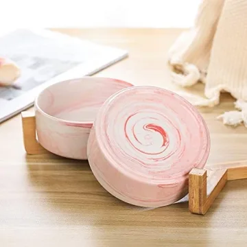 Stylish Marble Pink Pet Bowls with Wood Stand Set