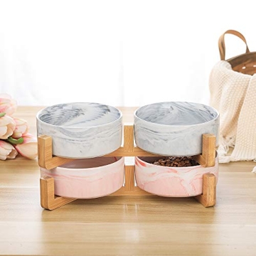 Stylish Marble Pink Pet Bowls with Wood Stand Set