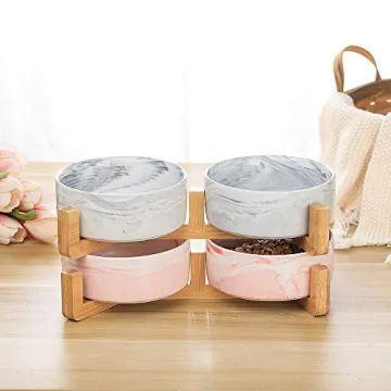 Stylish Marble Pink Pet Bowls with Wood Stand Set