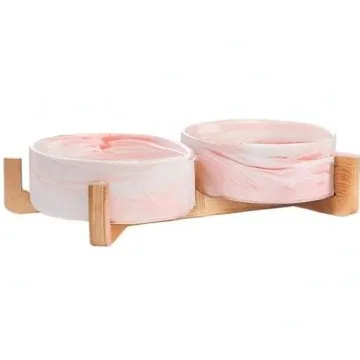 Stylish Marble Pink Pet Bowls with Wood Stand Set