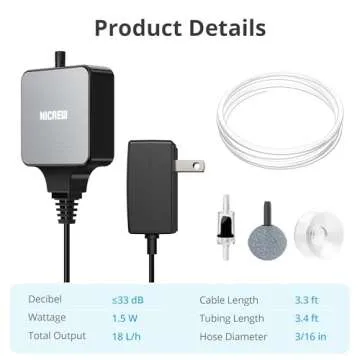 NICREW Nano Silent Aquarium Air Pump Black, Aquarium Aerator with Accessories for Up to 10 Gallon Fish Tank, Super Quiet, 0.3 L/min, 1.5 Watts