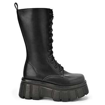 KEIIYJ Women's Black Combat Boots, Mid Calf Lace-Up Chunky Zip Platform Leather Boots 10