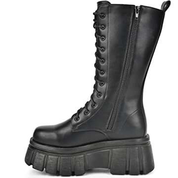 KEIIYJ Women's Black Combat Boots, Mid Calf Lace-Up Chunky Zip Platform Leather Boots 10