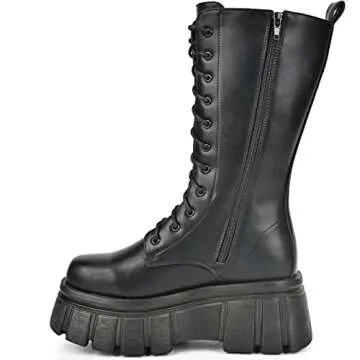 KEIIYJ Women's Black Combat Boots, Mid Calf Lace-Up Chunky Zip Platform Leather Boots 10