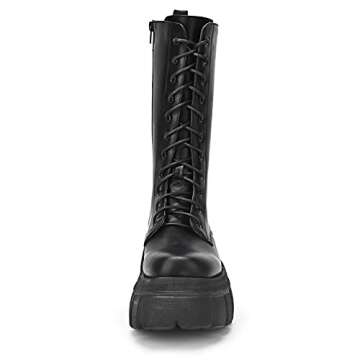 KEIIYJ Women's Black Combat Boots, Mid Calf Lace-Up Chunky Zip Platform Leather Boots 10