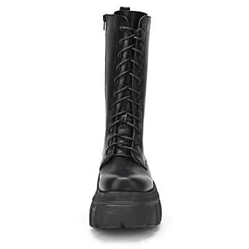 KEIIYJ Women's Black Combat Boots, Mid Calf Lace-Up Chunky Zip Platform Leather Boots 10