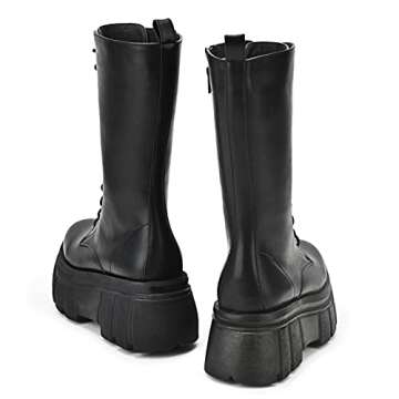 KEIIYJ Women's Black Combat Boots, Mid Calf Lace-Up Chunky Zip Platform Leather Boots 10