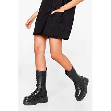 KEIIYJ Women's Black Combat Boots, Mid Calf Lace-Up Chunky Zip Platform Leather Boots 10