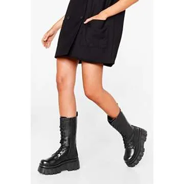 KEIIYJ Women's Black Combat Boots, Mid Calf Lace-Up Chunky Zip Platform Leather Boots 10