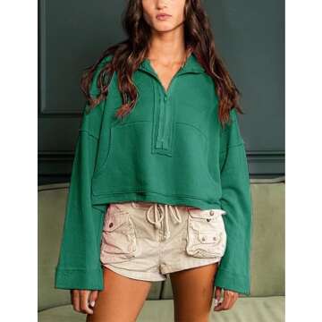 Himosyber Womens Cropped Sweatshirt Half Zip Pullover Long Sleeve Jacket Casual Crop Tops with Pockets Fall Winter Clothes (Green-S)