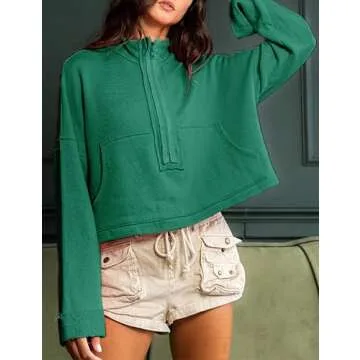 Himosyber Womens Cropped Sweatshirt Half Zip Pullover Long Sleeve Jacket Casual Crop Tops with Pockets Fall Winter Clothes (Green-S)