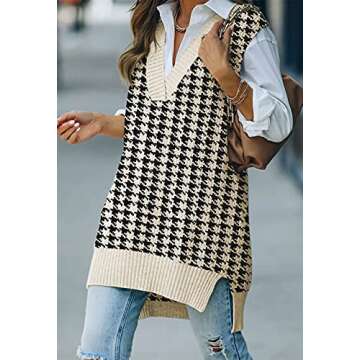 Viottiset Women's Oversized V Neck Houndstooth Knit Sweater Vest Sleeveless Tunic Top Apricot Medium