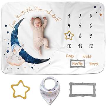 Luka & Lily Baby Milestone Blanket - Ultra Soft Fleece Monthly Milestone Blanket for Baby Girl and Boy - Perfect for Baby's First Year Growth Chart - Monthly Baby Milestone - Elephant Moon - 60"x40"