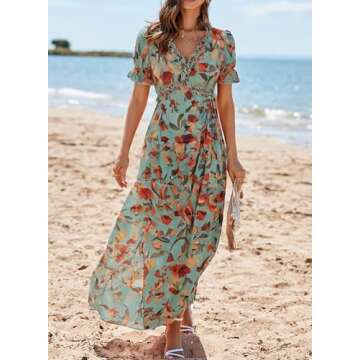 BLENCOT Women's Casual Boho Floral Printed Deep V Neck Loose Short Sleeve Long Evening Dress Ruched ...