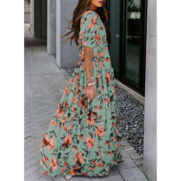 BLENCOT Women's Casual Boho Floral Printed Deep V Neck Loose Short Sleeve Long Evening Dress Ruched Cocktail Party Maxi Wedding Dress Green Large