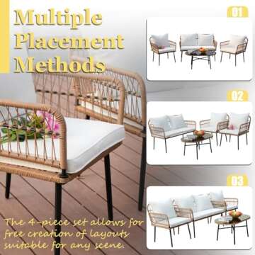 Homsido 4PC Patio Furniture Conversation Set Boho Style,Outdoor Wicker Chairs with White Washable Cu...