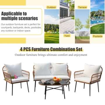 Homsido 4PC Patio Furniture Conversation Set Boho Style,Outdoor Wicker Chairs with White Washable Cushions and Glass Coffee Table Balcony Chairs,Loveseat&Single Chairs