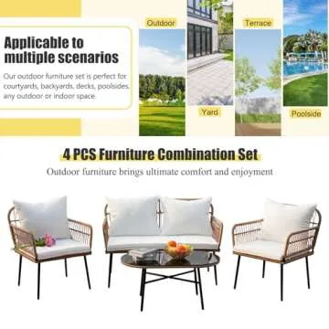 Homsido 4PC Patio Furniture Conversation Set Boho Style,Outdoor Wicker Chairs with White Washable Cushions and Glass Coffee Table Balcony Chairs,Loveseat&Single Chairs