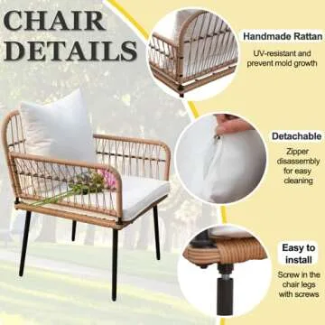 Homsido 4PC Patio Furniture Conversation Set Boho Style,Outdoor Wicker Chairs with White Washable Cushions and Glass Coffee Table Balcony Chairs,Loveseat&Single Chairs