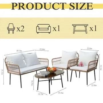 Homsido 4PC Patio Furniture Conversation Set Boho Style,Outdoor Wicker Chairs with White Washable Cushions and Glass Coffee Table Balcony Chairs,Loveseat&Single Chairs