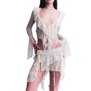 ROAONOCOMO Women Lace Patchwork 2 Piece Skirt Set Y2K See Through Fitted Crop Tops Low Waist Bodycon Skirt Outfit Streetwear I-beige