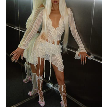 ROAONOCOMO Women Lace Patchwork 2 Piece Skirt Set Y2K See Through Fitted Crop Tops Low Waist Bodycon Skirt Outfit Streetwear I-beige