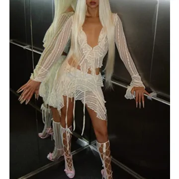 ROAONOCOMO Women Lace Patchwork 2 Piece Skirt Set Y2K See Through Fitted Crop Tops Low Waist Bodycon Skirt Outfit Streetwear I-beige