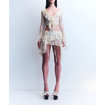 ROAONOCOMO Women Lace Patchwork 2 Piece Skirt Set Y2K See Through Fitted Crop Tops Low Waist Bodycon Skirt Outfit Streetwear I-beige